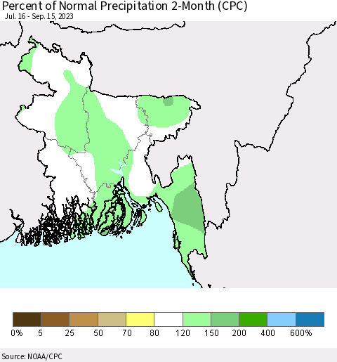 Bangladesh Percent of Normal Precipitation 2-Month (CPC) Thematic Map For 7/16/2023 - 9/15/2023