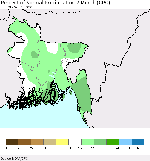 Bangladesh Percent of Normal Precipitation 2-Month (CPC) Thematic Map For 7/21/2023 - 9/20/2023