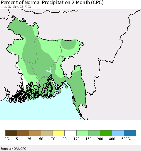 Bangladesh Percent of Normal Precipitation 2-Month (CPC) Thematic Map For 7/26/2023 - 9/25/2023