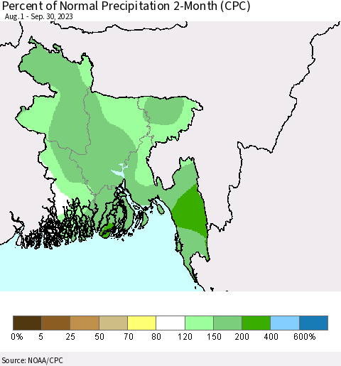 Bangladesh Percent of Normal Precipitation 2-Month (CPC) Thematic Map For 8/1/2023 - 9/30/2023