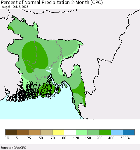 Bangladesh Percent of Normal Precipitation 2-Month (CPC) Thematic Map For 8/6/2023 - 10/5/2023