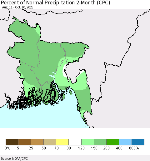 Bangladesh Percent of Normal Precipitation 2-Month (CPC) Thematic Map For 8/11/2023 - 10/10/2023