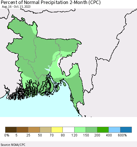 Bangladesh Percent of Normal Precipitation 2-Month (CPC) Thematic Map For 8/16/2023 - 10/15/2023