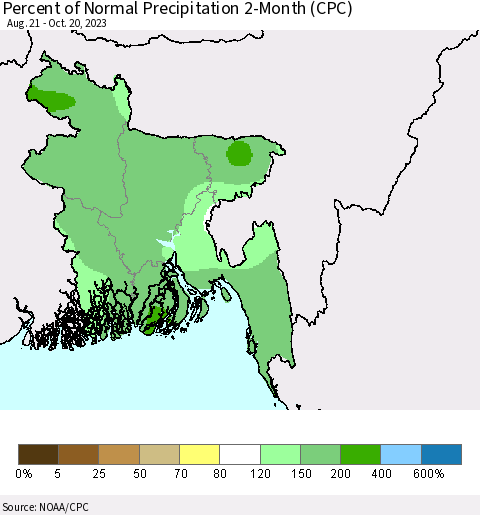 Bangladesh Percent of Normal Precipitation 2-Month (CPC) Thematic Map For 8/21/2023 - 10/20/2023