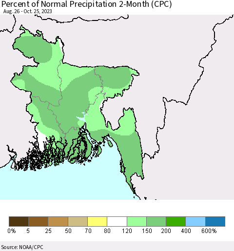 Bangladesh Percent of Normal Precipitation 2-Month (CPC) Thematic Map For 8/26/2023 - 10/25/2023
