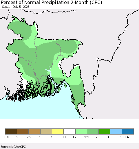 Bangladesh Percent of Normal Precipitation 2-Month (CPC) Thematic Map For 9/1/2023 - 10/31/2023