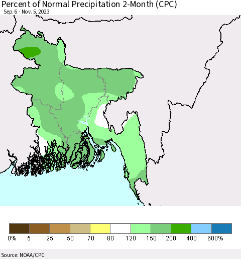 Bangladesh Percent of Normal Precipitation 2-Month (CPC) Thematic Map For 9/6/2023 - 11/5/2023