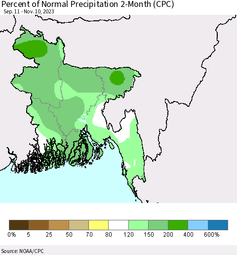 Bangladesh Percent of Normal Precipitation 2-Month (CPC) Thematic Map For 9/11/2023 - 11/10/2023