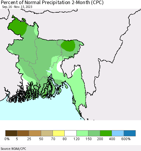 Bangladesh Percent of Normal Precipitation 2-Month (CPC) Thematic Map For 9/16/2023 - 11/15/2023
