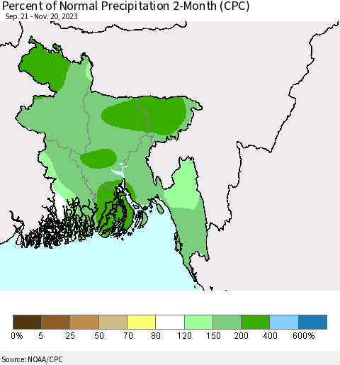 Bangladesh Percent of Normal Precipitation 2-Month (CPC) Thematic Map For 9/21/2023 - 11/20/2023