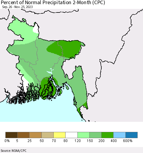 Bangladesh Percent of Normal Precipitation 2-Month (CPC) Thematic Map For 9/26/2023 - 11/25/2023