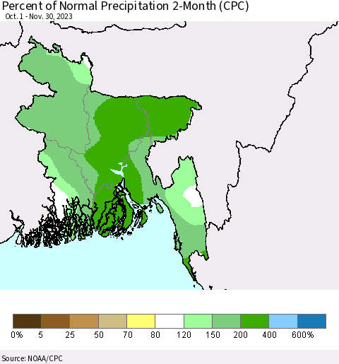 Bangladesh Percent of Normal Precipitation 2-Month (CPC) Thematic Map For 10/1/2023 - 11/30/2023
