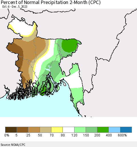 Bangladesh Percent of Normal Precipitation 2-Month (CPC) Thematic Map For 10/6/2023 - 12/5/2023