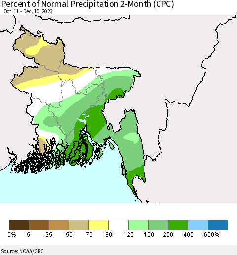 Bangladesh Percent of Normal Precipitation 2-Month (CPC) Thematic Map For 10/11/2023 - 12/10/2023