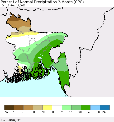 Bangladesh Percent of Normal Precipitation 2-Month (CPC) Thematic Map For 10/16/2023 - 12/15/2023