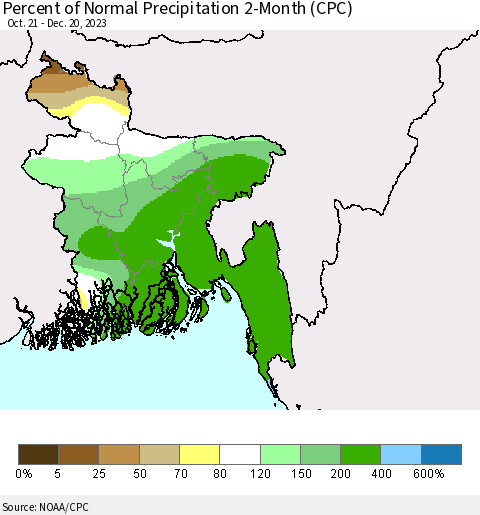 Bangladesh Percent of Normal Precipitation 2-Month (CPC) Thematic Map For 10/21/2023 - 12/20/2023