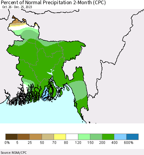 Bangladesh Percent of Normal Precipitation 2-Month (CPC) Thematic Map For 10/26/2023 - 12/25/2023