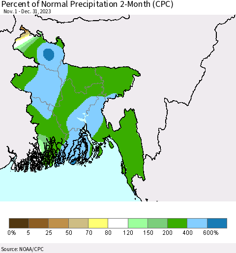 Bangladesh Percent of Normal Precipitation 2-Month (CPC) Thematic Map For 11/1/2023 - 12/31/2023