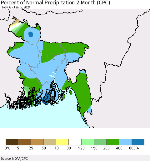 Bangladesh Percent of Normal Precipitation 2-Month (CPC) Thematic Map For 11/6/2023 - 1/5/2024