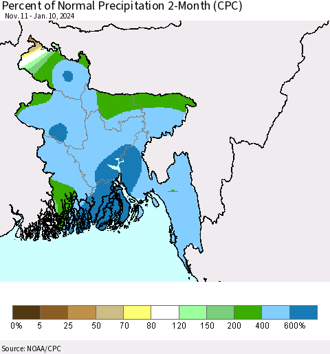 Bangladesh Percent of Normal Precipitation 2-Month (CPC) Thematic Map For 11/11/2023 - 1/10/2024