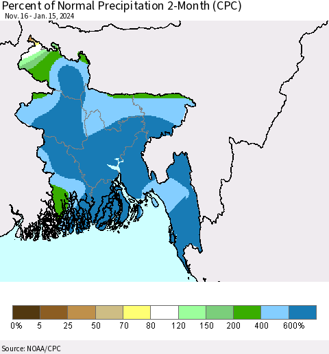Bangladesh Percent of Normal Precipitation 2-Month (CPC) Thematic Map For 11/16/2023 - 1/15/2024