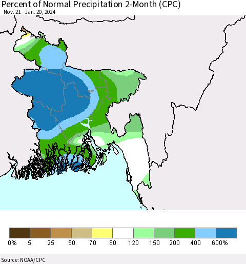 Bangladesh Percent of Normal Precipitation 2-Month (CPC) Thematic Map For 11/21/2023 - 1/20/2024