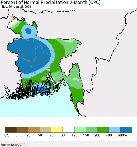 Bangladesh Percent of Normal Precipitation 2-Month (CPC) Thematic Map For 11/26/2023 - 1/25/2024