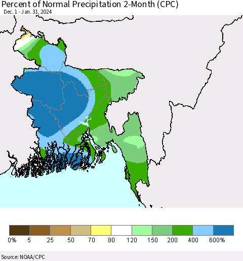 Bangladesh Percent of Normal Precipitation 2-Month (CPC) Thematic Map For 12/1/2023 - 1/31/2024