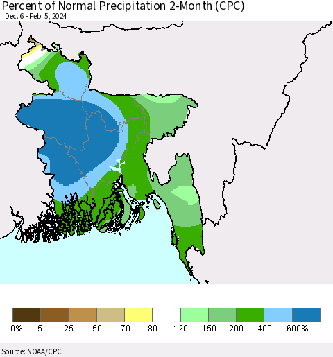 Bangladesh Percent of Normal Precipitation 2-Month (CPC) Thematic Map For 12/6/2023 - 2/5/2024