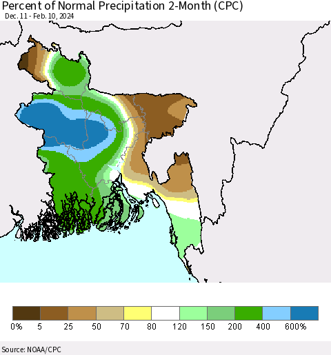 Bangladesh Percent of Normal Precipitation 2-Month (CPC) Thematic Map For 12/11/2023 - 2/10/2024