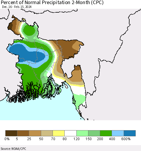 Bangladesh Percent of Normal Precipitation 2-Month (CPC) Thematic Map For 12/16/2023 - 2/15/2024