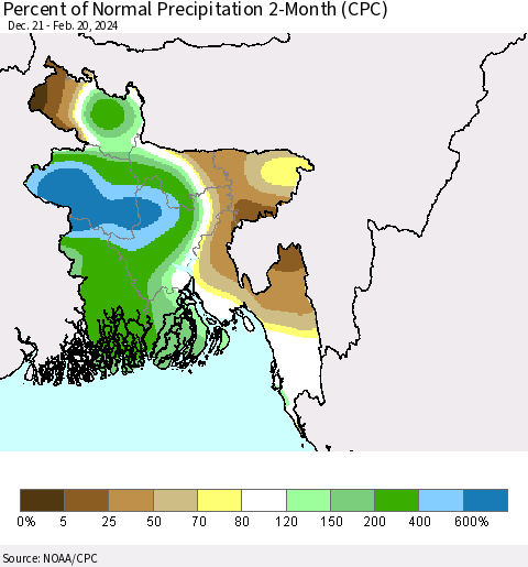 Bangladesh Percent of Normal Precipitation 2-Month (CPC) Thematic Map For 12/21/2023 - 2/20/2024
