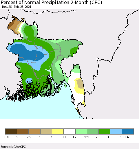 Bangladesh Percent of Normal Precipitation 2-Month (CPC) Thematic Map For 12/26/2023 - 2/25/2024