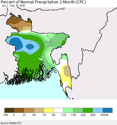 Bangladesh Percent of Normal Precipitation 2-Month (CPC) Thematic Map For 1/1/2024 - 2/29/2024