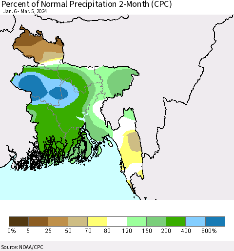 Bangladesh Percent of Normal Precipitation 2-Month (CPC) Thematic Map For 1/6/2024 - 3/5/2024