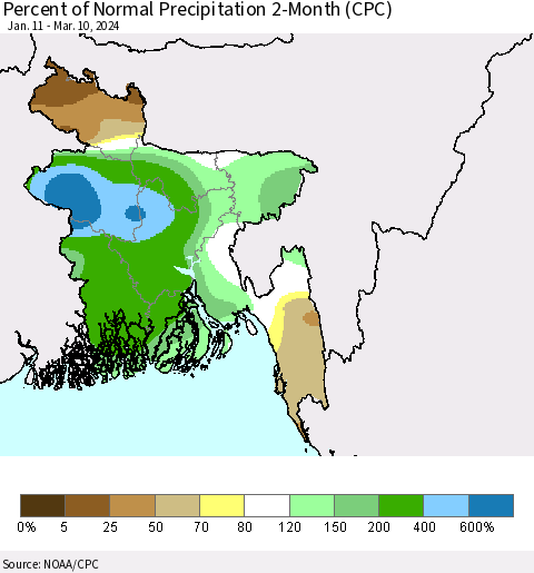 Bangladesh Percent of Normal Precipitation 2-Month (CPC) Thematic Map For 1/11/2024 - 3/10/2024