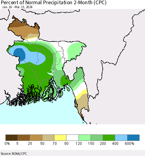 Bangladesh Percent of Normal Precipitation 2-Month (CPC) Thematic Map For 1/16/2024 - 3/15/2024