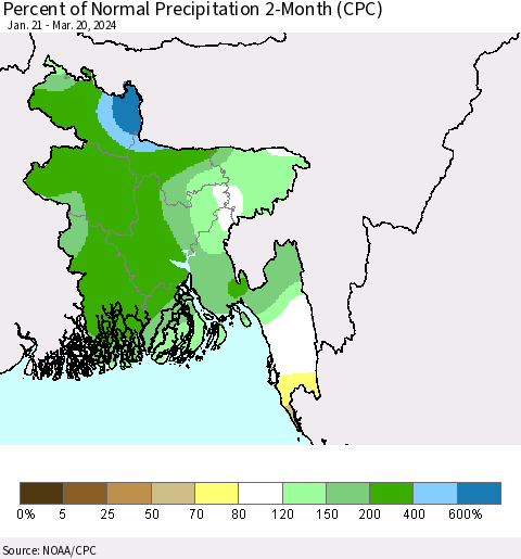 Bangladesh Percent of Normal Precipitation 2-Month (CPC) Thematic Map For 1/21/2024 - 3/20/2024