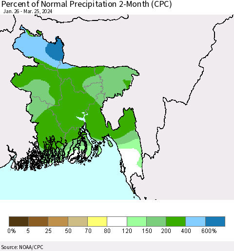 Bangladesh Percent of Normal Precipitation 2-Month (CPC) Thematic Map For 1/26/2024 - 3/25/2024