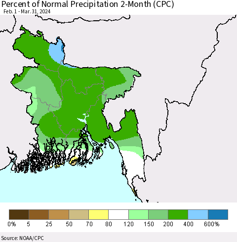 Bangladesh Percent of Normal Precipitation 2-Month (CPC) Thematic Map For 2/1/2024 - 3/31/2024