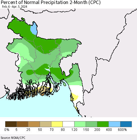 Bangladesh Percent of Normal Precipitation 2-Month (CPC) Thematic Map For 2/6/2024 - 4/5/2024