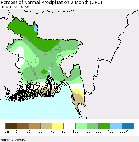 Bangladesh Percent of Normal Precipitation 2-Month (CPC) Thematic Map For 2/11/2024 - 4/10/2024