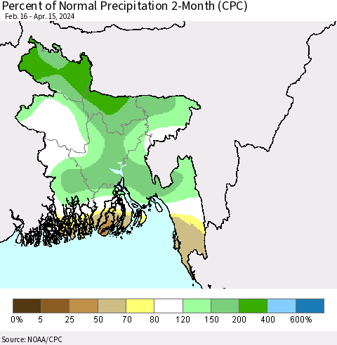 Bangladesh Percent of Normal Precipitation 2-Month (CPC) Thematic Map For 2/16/2024 - 4/15/2024
