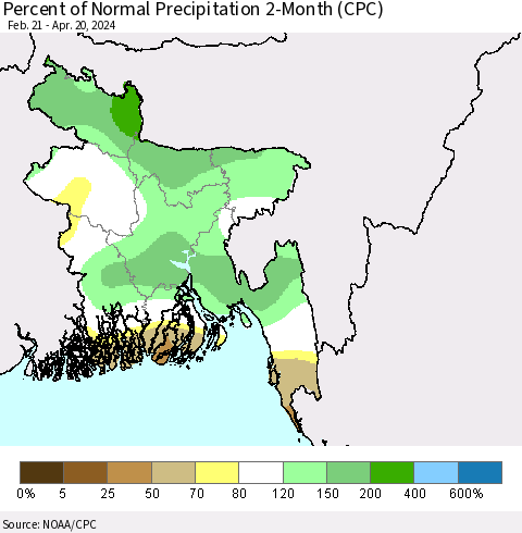 Bangladesh Percent of Normal Precipitation 2-Month (CPC) Thematic Map For 2/21/2024 - 4/20/2024