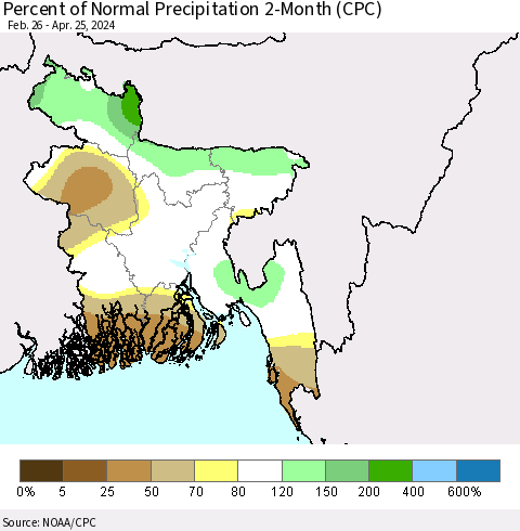 Bangladesh Percent of Normal Precipitation 2-Month (CPC) Thematic Map For 2/26/2024 - 4/25/2024