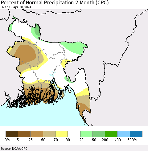 Bangladesh Percent of Normal Precipitation 2-Month (CPC) Thematic Map For 3/1/2024 - 4/30/2024