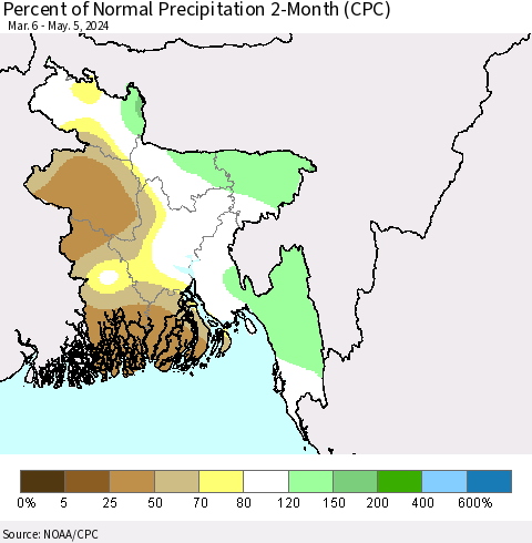 Bangladesh Percent of Normal Precipitation 2-Month (CPC) Thematic Map For 3/6/2024 - 5/5/2024