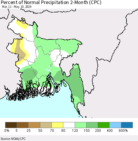 Bangladesh Percent of Normal Precipitation 2-Month (CPC) Thematic Map For 3/11/2024 - 5/10/2024
