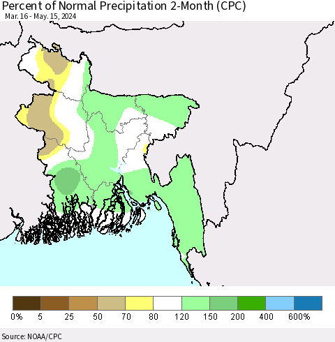 Bangladesh Percent of Normal Precipitation 2-Month (CPC) Thematic Map For 3/16/2024 - 5/15/2024