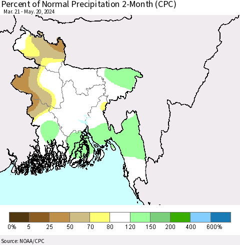 Bangladesh Percent of Normal Precipitation 2-Month (CPC) Thematic Map For 3/21/2024 - 5/20/2024